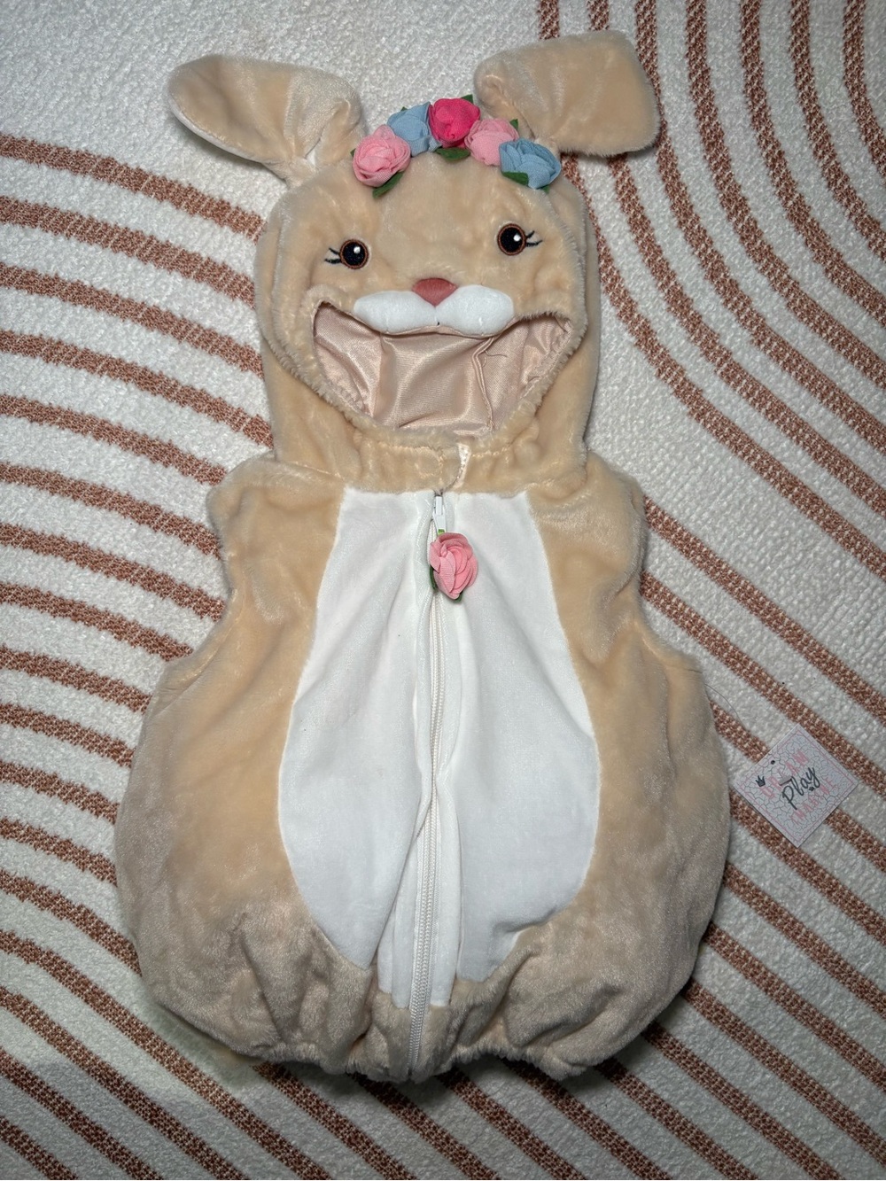 Plush Beige Bunny Costume with White Front and Flower Headband